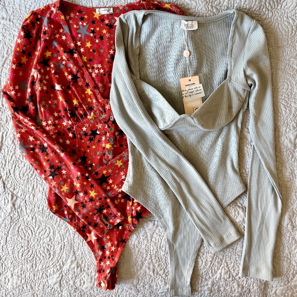 BUNDLE Bodysuits FP Intimately Oh Polly Snap Novelty Print Underwire Cotton Knit